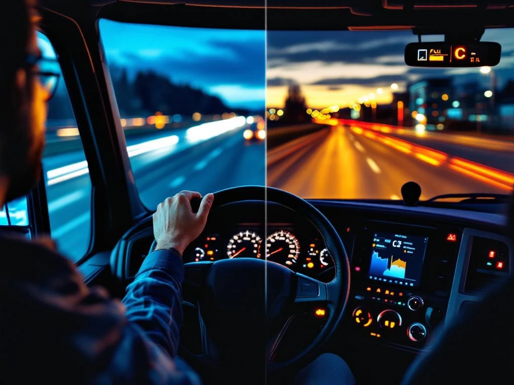 Professionele vrachtwagenchauffeur achter het stuur van moderne truck met C-rijbewijs dashboard, dag- en nachtrijden