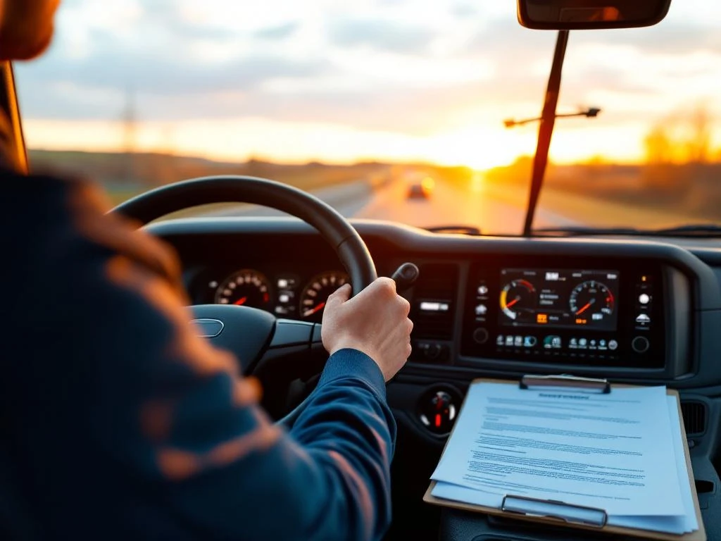 Professionele vrachtwagenchauffeur rijdt op Nederlandse snelweg, handen aan het stuur, sollicitatiedocumenten zichtbaar