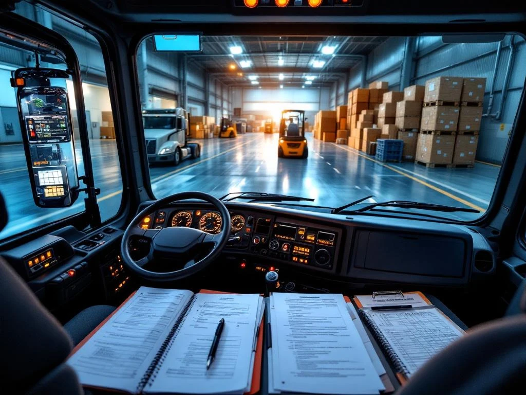 Professionele vrachtwagenchauffeur werkplek met dashboard, logboeken en laaddok met vrachtwagen op achtergrond