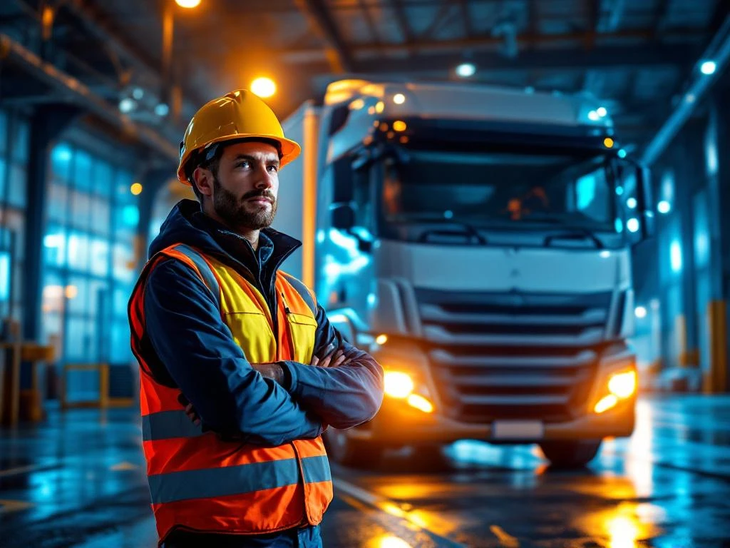 Professionele vrachtwagenchauffeur in veiligheidsvest naast grote vrachtauto bij moderne logistieke faciliteit