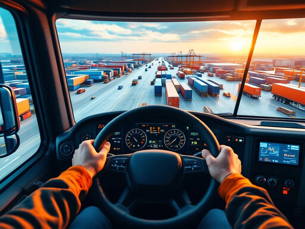 Professionele vrachtwagenchauffeur achter het stuur van Category C truck met digitaal dashboard en industriële hub op achtergrond
