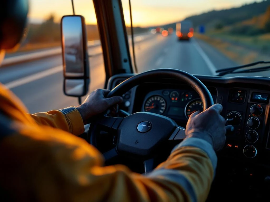 Professionele vrachtwagenchauffeur bestuurt moderne truck met dashboard vol meters en bedieningselementen zichtbaar