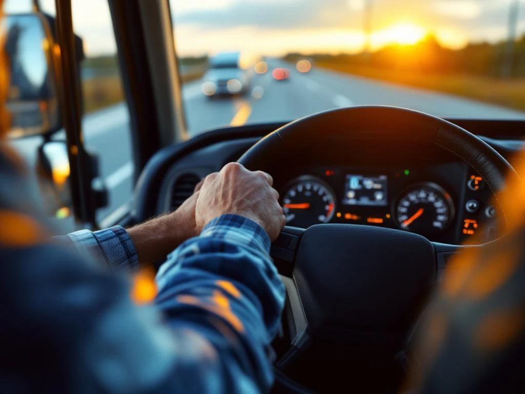 Professionele vrachtwagenchauffeur houdt stuur vast in moderne cabine met digitaal dashboard en euro bankbiljetten