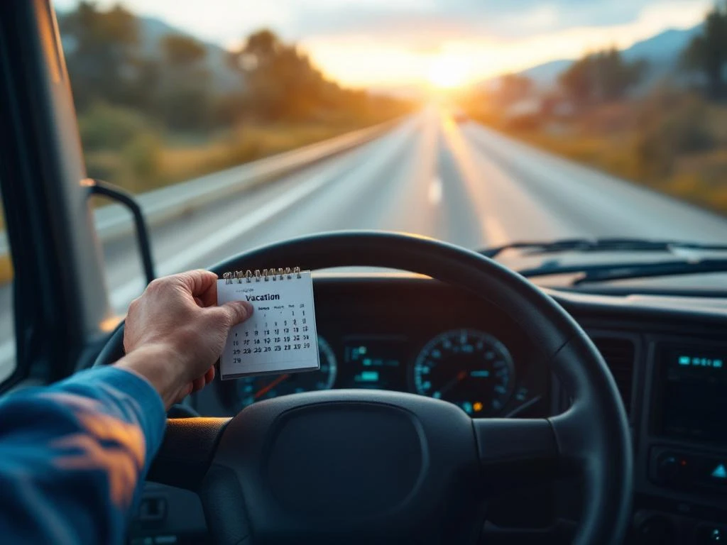 Professionele vrachtwagenchauffeur houdt stuur vast met vakantiekalender op dashboard, moderne cabine met snelweg op achtergrond