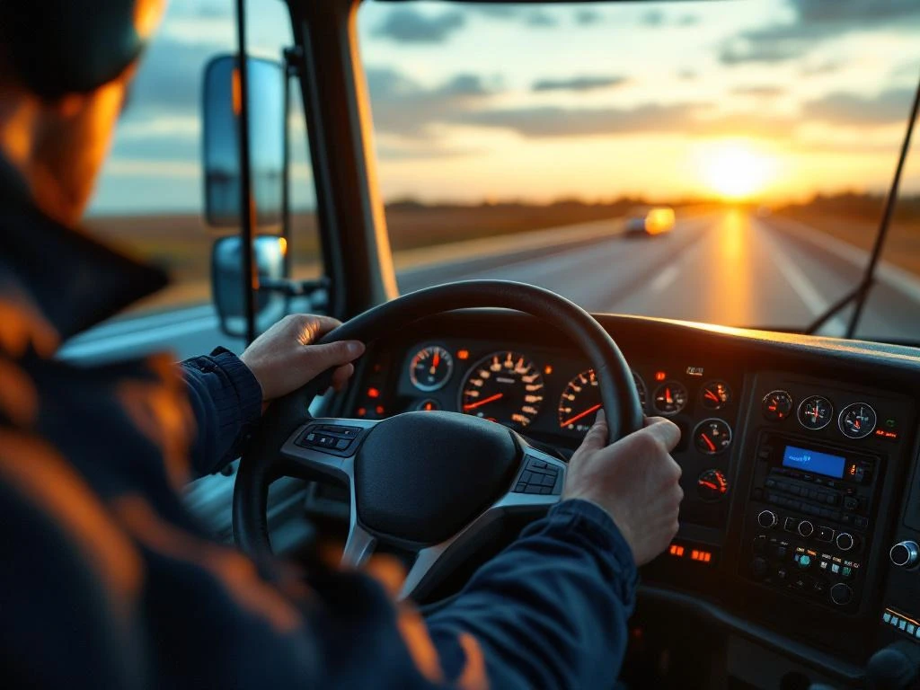 Professionele vrachtwagenchauffeur met C-rijbewijs bestuurt moderne truck op industriële snelweg tijdens gouden uur