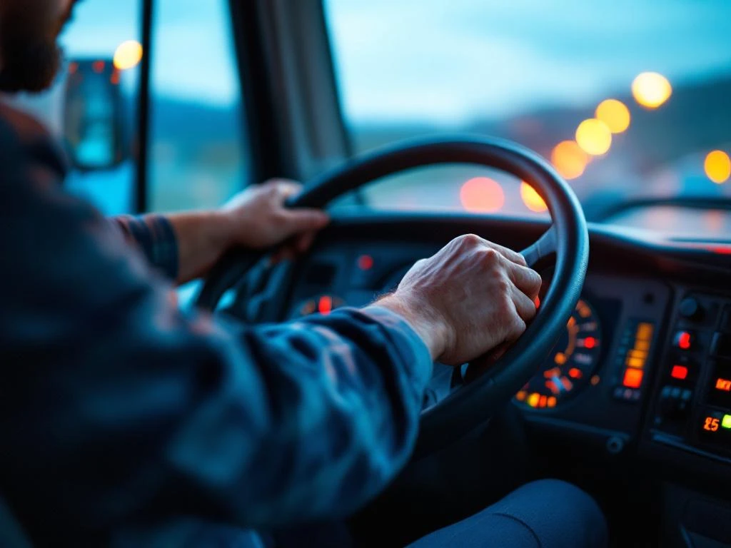 Professionele vrachtwagenchauffeur houdt stuur vast in moderne vrachtwagencabine met dashboard op achtergrond