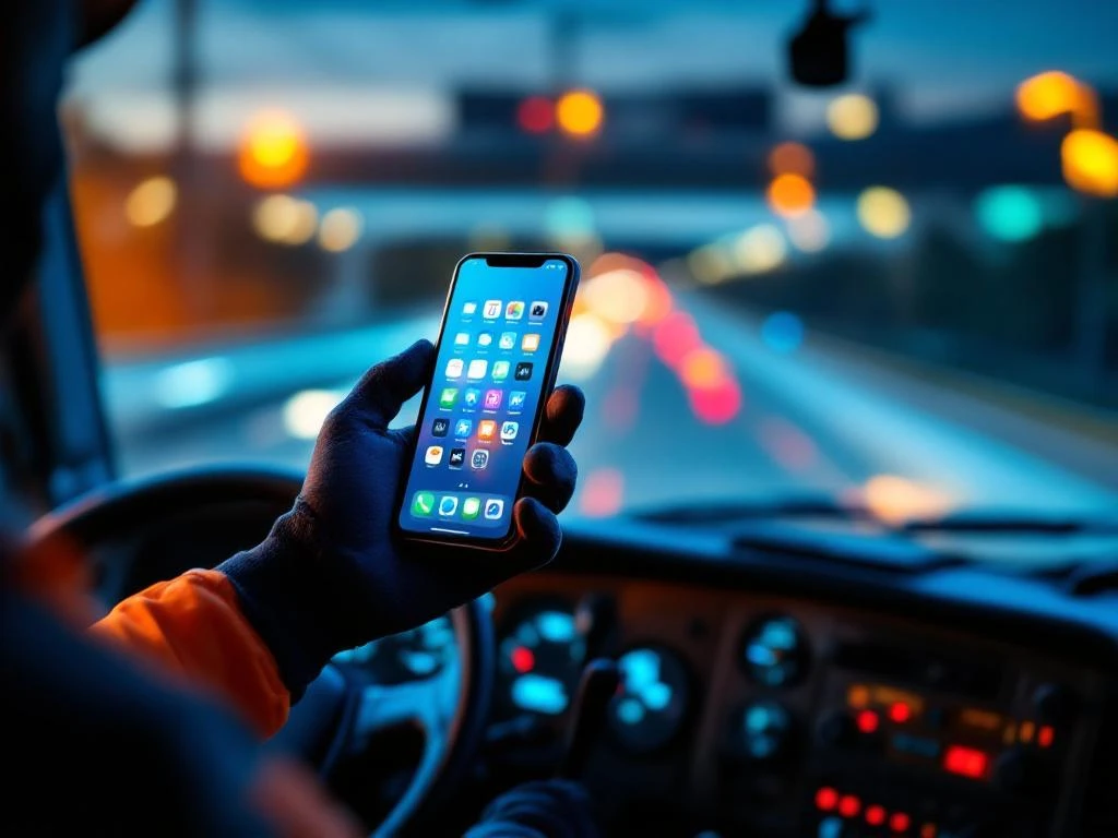 Vrachtwagenchauffeur houdt smartphone met apps vast in moderne truckcabine met dashboard op achtergrond