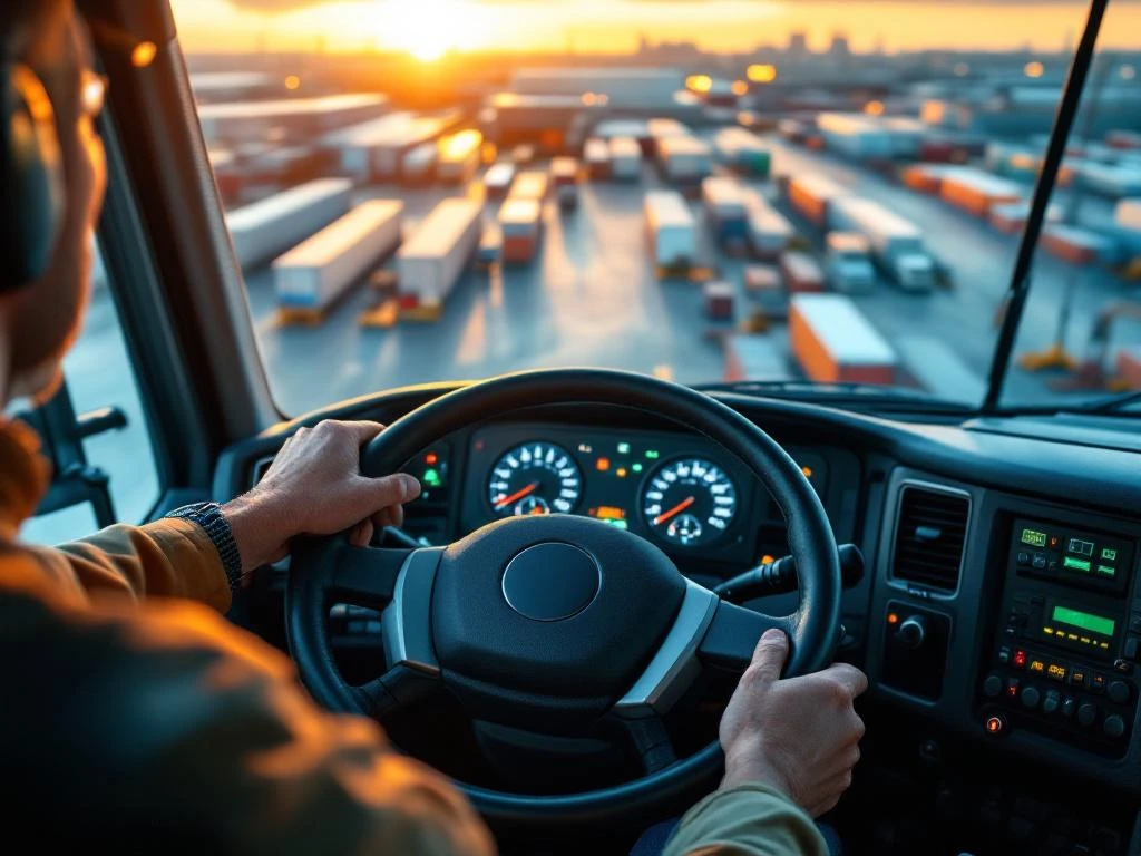 Professionele vrachtwagenchauffeur achter het stuur in moderne cabine met zicht op logistiek centrum