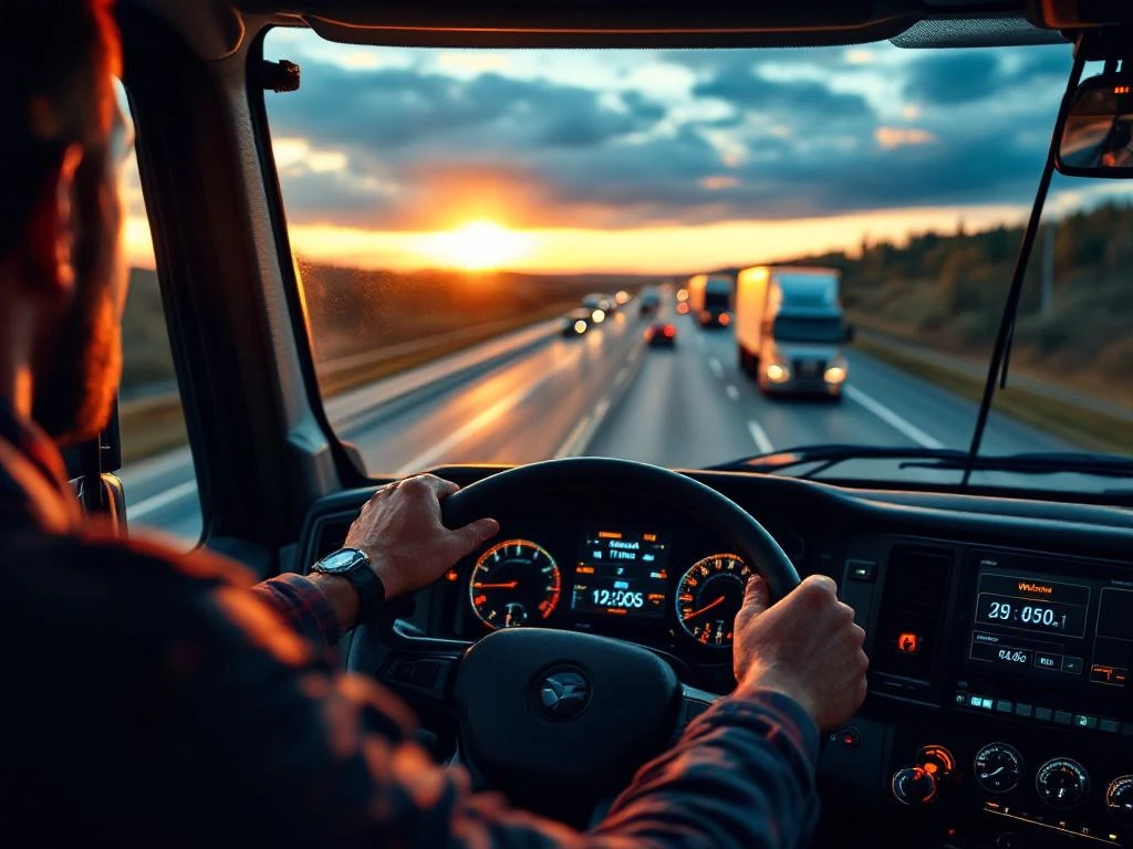 Professionele vrachtwagenchauffeur achter het stuur van commerciële truck tijdens gouden uur op drukke snelweg