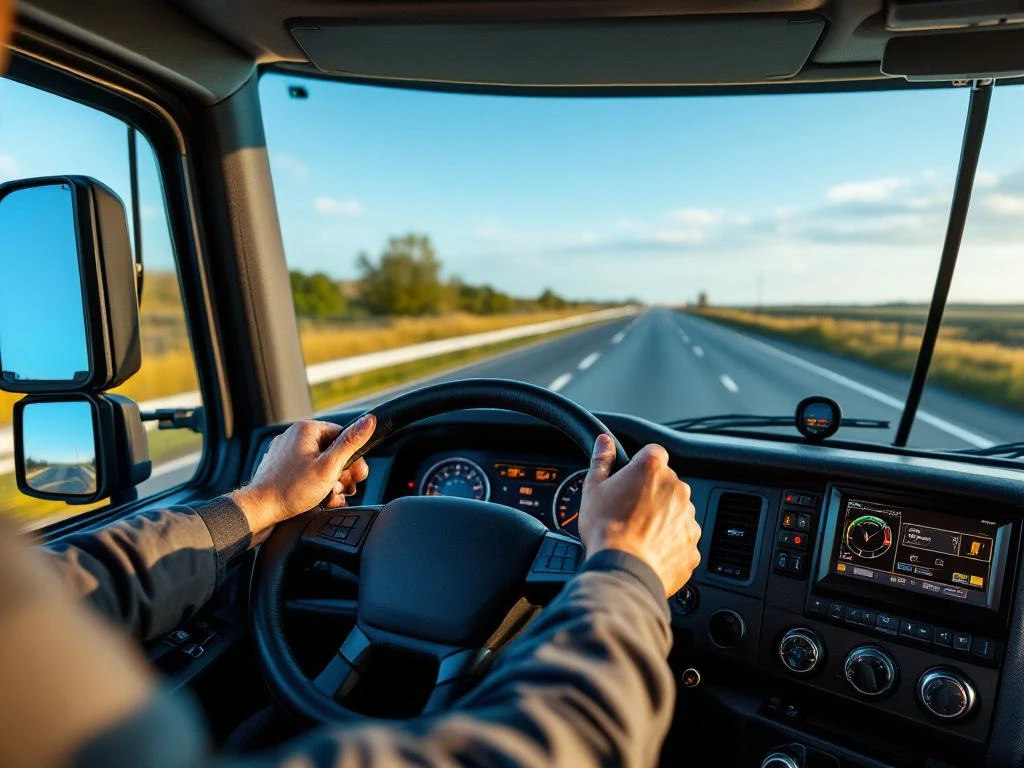 Professionele vrachtwagenchauffeur achter het stuur in moderne cabine op Nederlandse snelweg