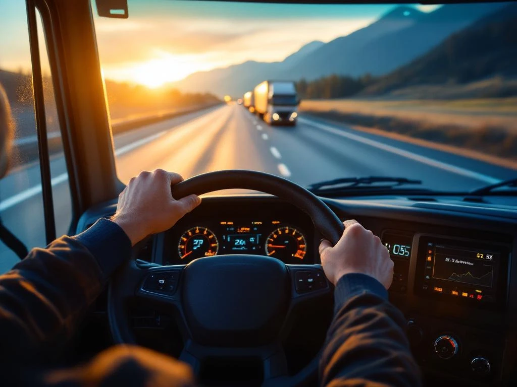 Professionele vrachtwagenchauffeur houdt stuur vast in moderne truck cabine met digitaal dashboard op snelweg