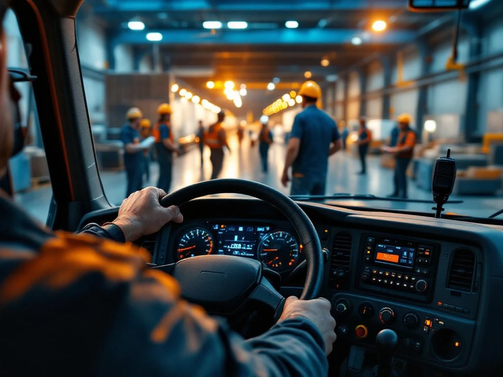 Vrachtwagenchauffeur achter het stuur kijkt naar drukke laadplaats met magazijnmedewerkers en logistiek personeel
