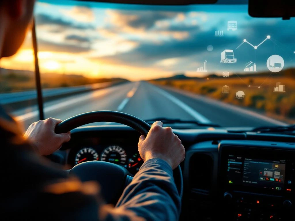Professionele vrachtwagenchauffeur bestuurt truck op snelweg met moderne dashboard en GPS-navigatie zichtbaar