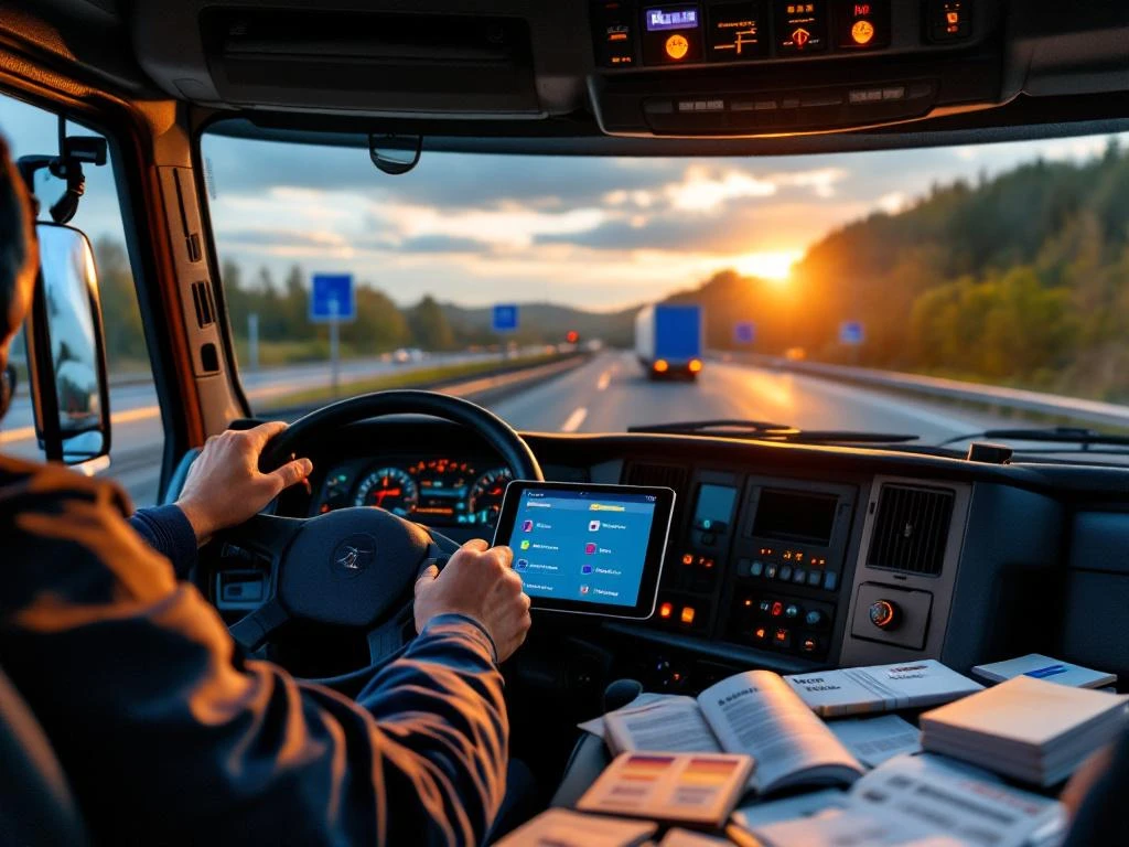Vrachtwagenchauffeur leert talen met boeken en apps op dashboard, Europese verkeersborden zichtbaar door voorruit