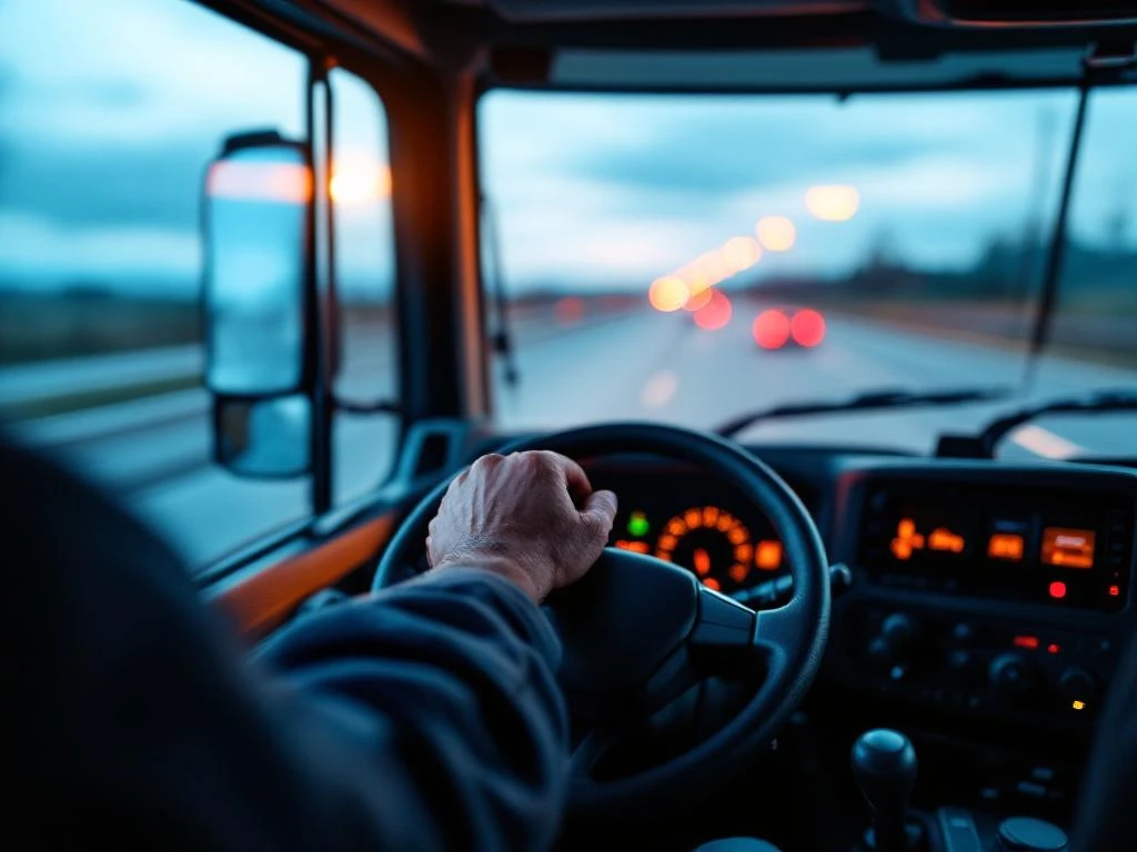 Professionele vrachtwagenchauffeur achter het stuur met veiligheidsuitrusting en regelgevingsdocumenten zichtbaar