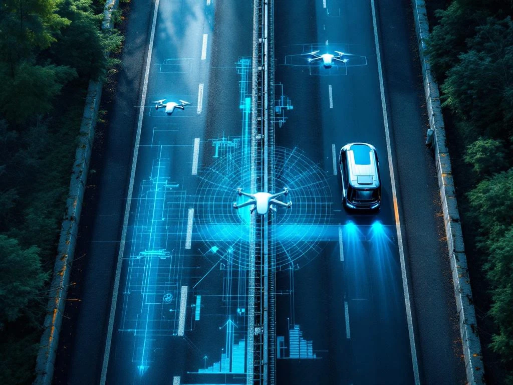 Luchtfoto van moderne snelweg met AI-drones en autonome voertuigen die wegdek inspecteren met digitale data-overlay