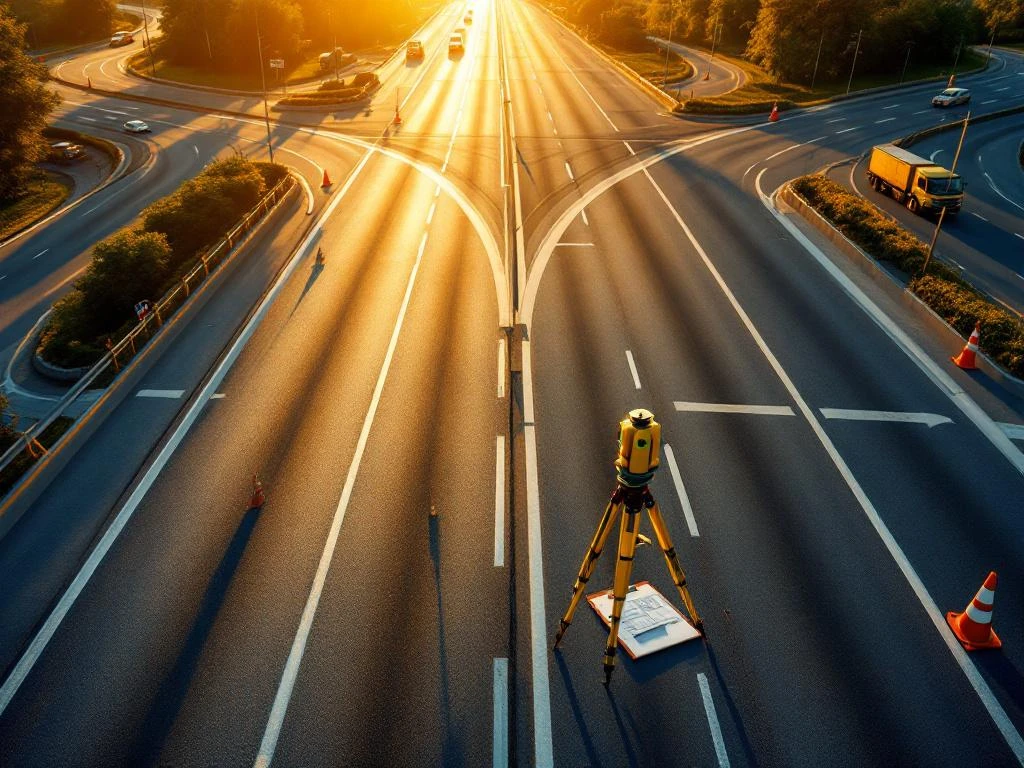 Professionele landmeetapparatuur op moderne snelwegkruising met geometrische wegpatronen tijdens gouden uur