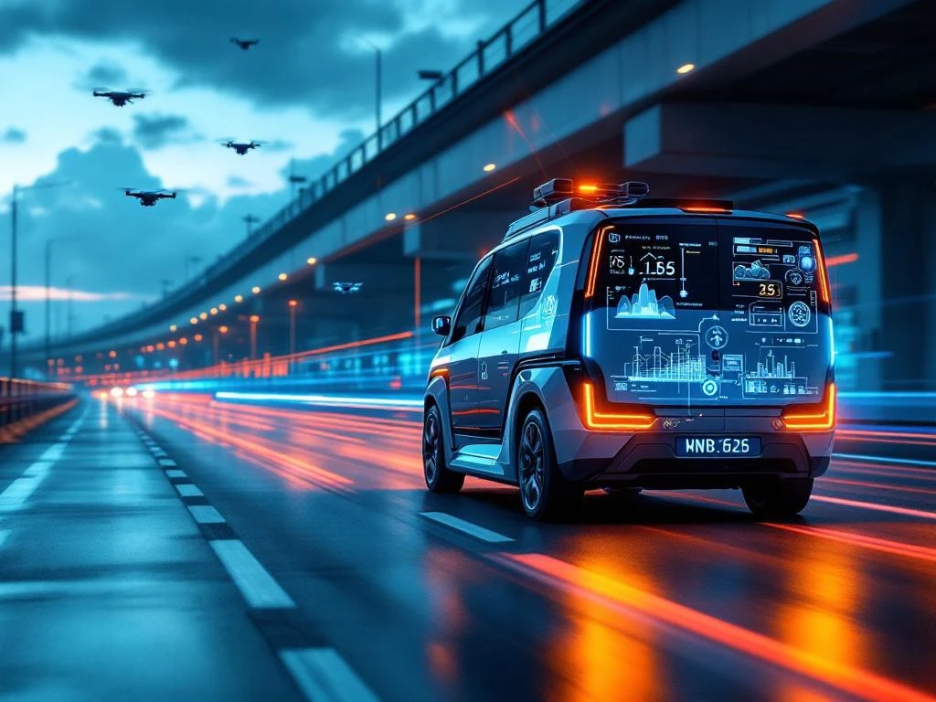 Autonoom wegonderzoeksvoertuig met sensoren en laserscanners inspecteert Nederlandse snelweg met holografische data-overlays.