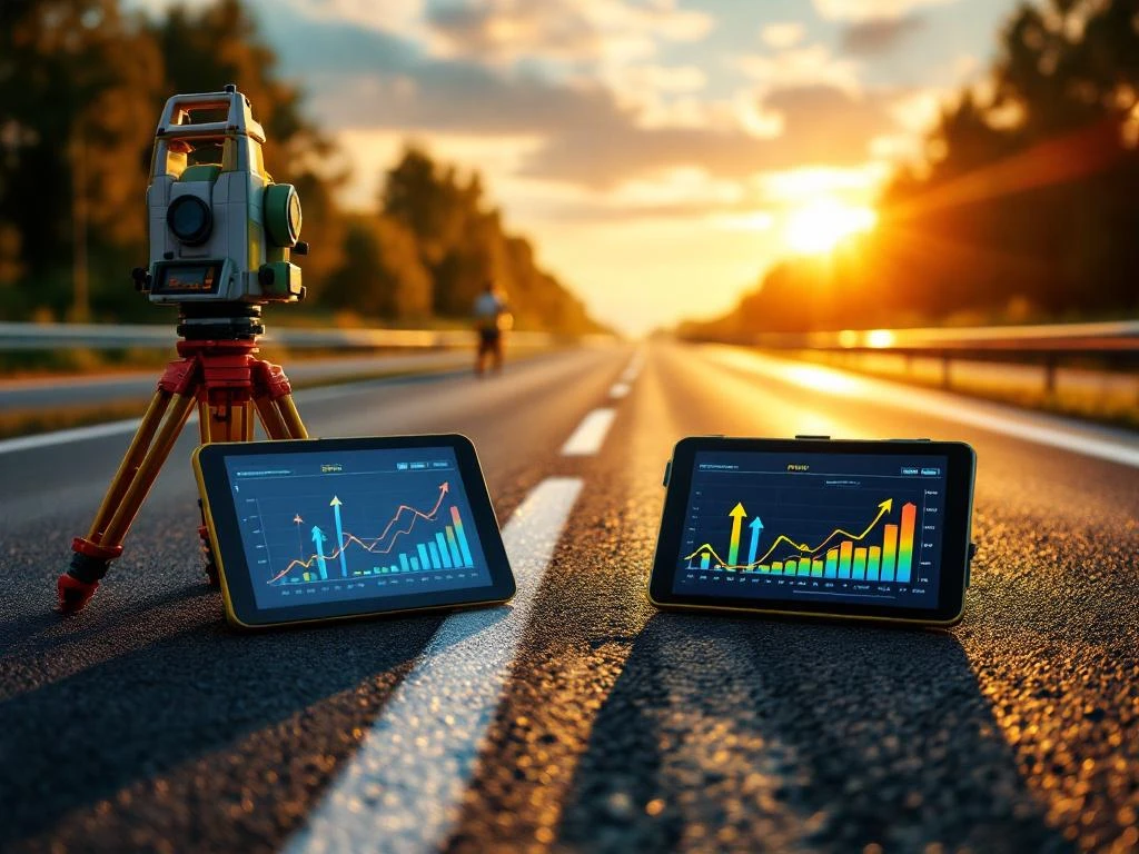 Moderne weginspectie met digitale meetapparatuur en tablets op Nederlandse snelweg tijdens gouden uur