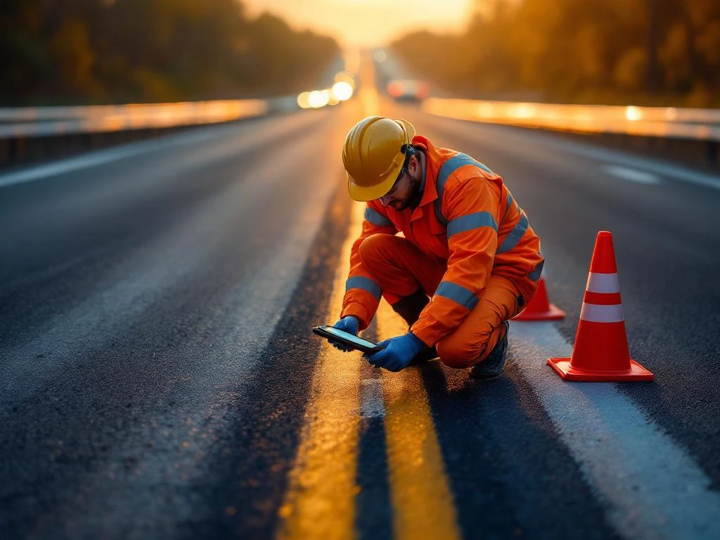Weginspecteur in oranje veiligheidspak onderzoekt asfalt met digitale meetapparatuur tussen verkeerskegels