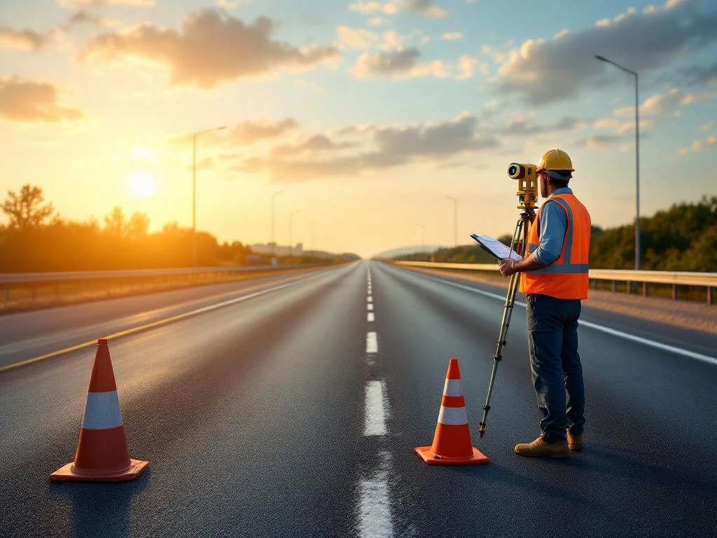 Weginspecteur in oranje veiligheidsvest onderzoekt asfaltweg met meetapparatuur en klembord bij zonsondergang
