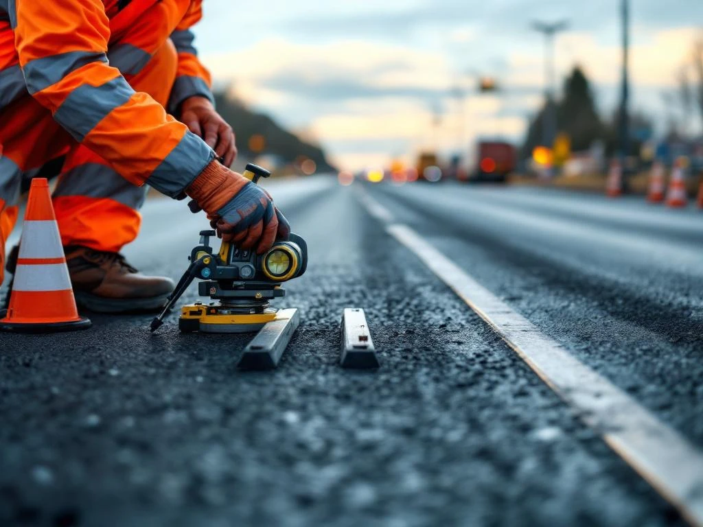 Weginspecteur in veiligheidsvest onderzoekt asfalt met meetapparatuur op Nederlandse snelweg met verkeersmaterialen