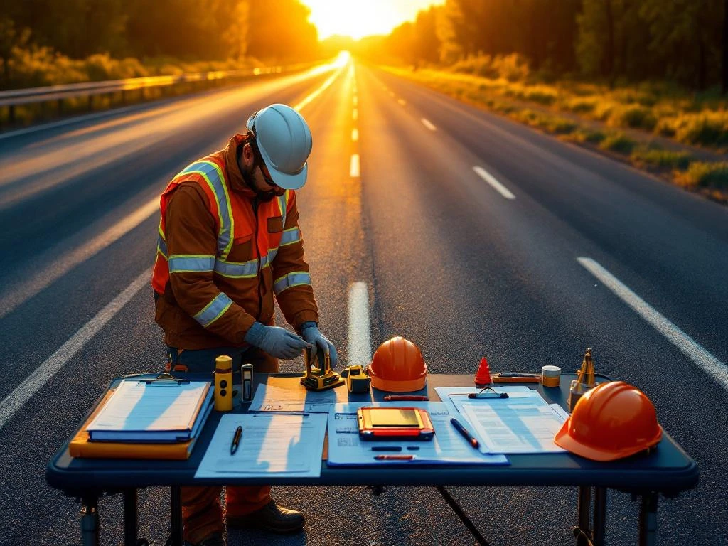 Weginspecteur in veiligheidsvest onderzoekt asfalt met meetapparatuur op Nederlandse snelweg tijdens training