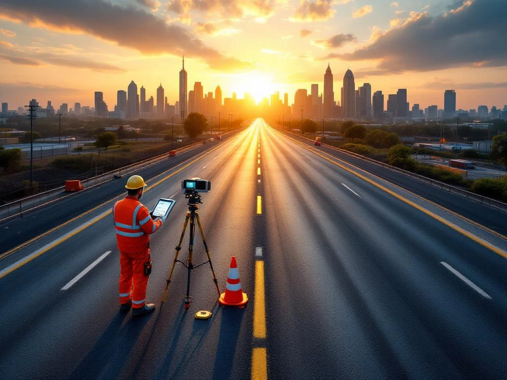 Weginspecteur in oranje veiligheidspak onderzoekt asfaltweg met meetapparatuur, stad op achtergrond tijdens gouden uur