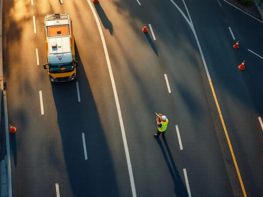 Weginspecteur in veiligheidsvest onderzoekt wegkwaliteit op moderne snelwegkruising met meetapparatuur en inspectieauto