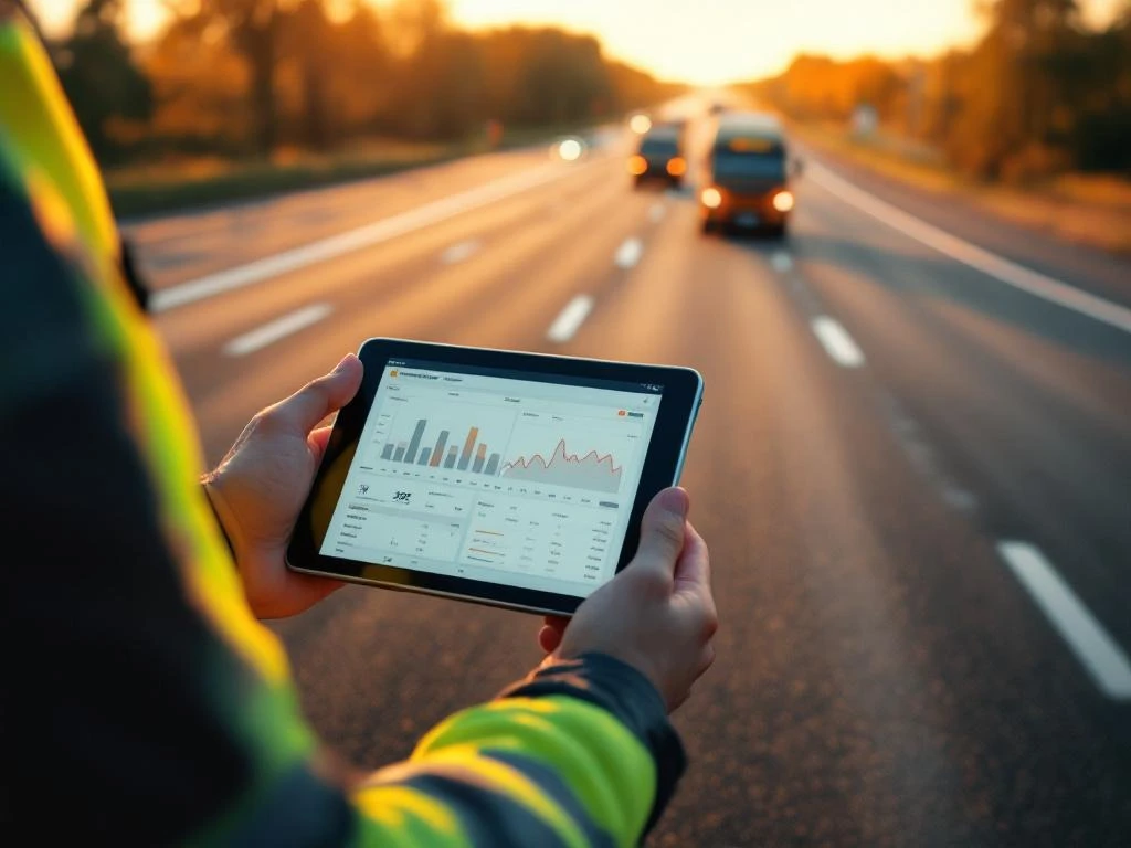 Weginspecteur houdt tablet met weganalysedata vast op Nederlandse snelweg met meetlijnen en veiligheidsuitrusting