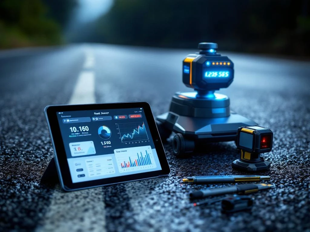 Moderne weginspectieapparatuur met tablet, meetinstrumenten en wegscanner op asfalt met digitale displays