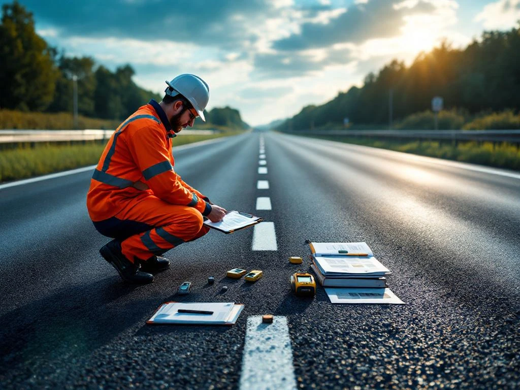 Weginspecteur in veiligheidsvest controleert asfalt met meetapparatuur op Nederlandse snelweg