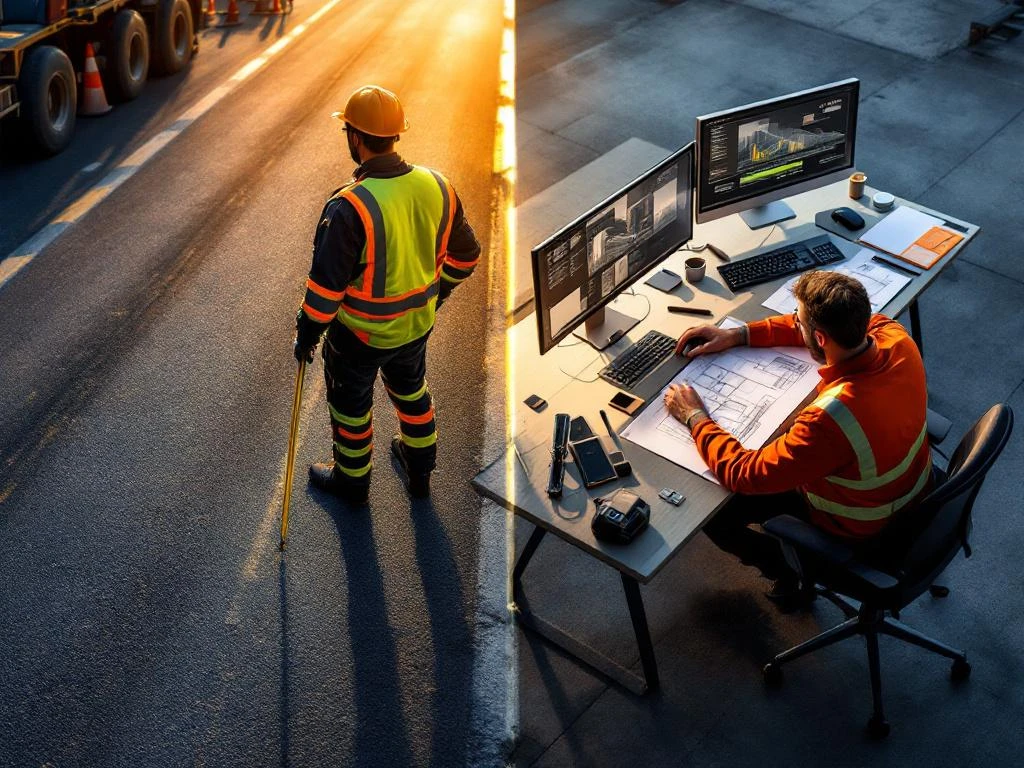Weginspecteur en civiel ingenieur aan het werk in gesplitst beeld met professionele gereedschappen en blauwdrukken