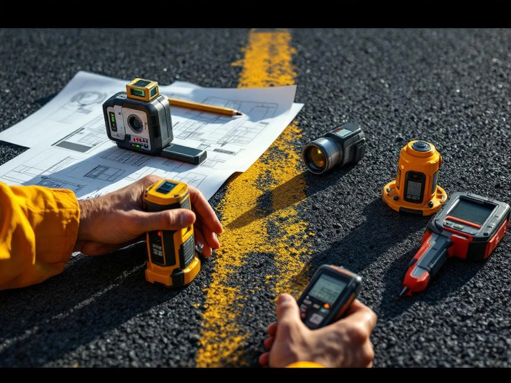 Weginspecteur houdt digitale meetapparatuur vast boven vers asfalt met technische tekeningen en precisie-instrumenten
