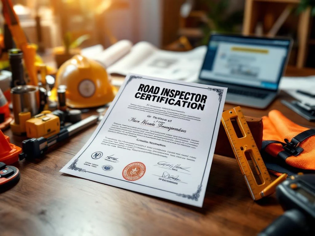 Professioneel weginspecteur certificaat op houten bureau met veiligheidshelm, hesje en meetapparatuur