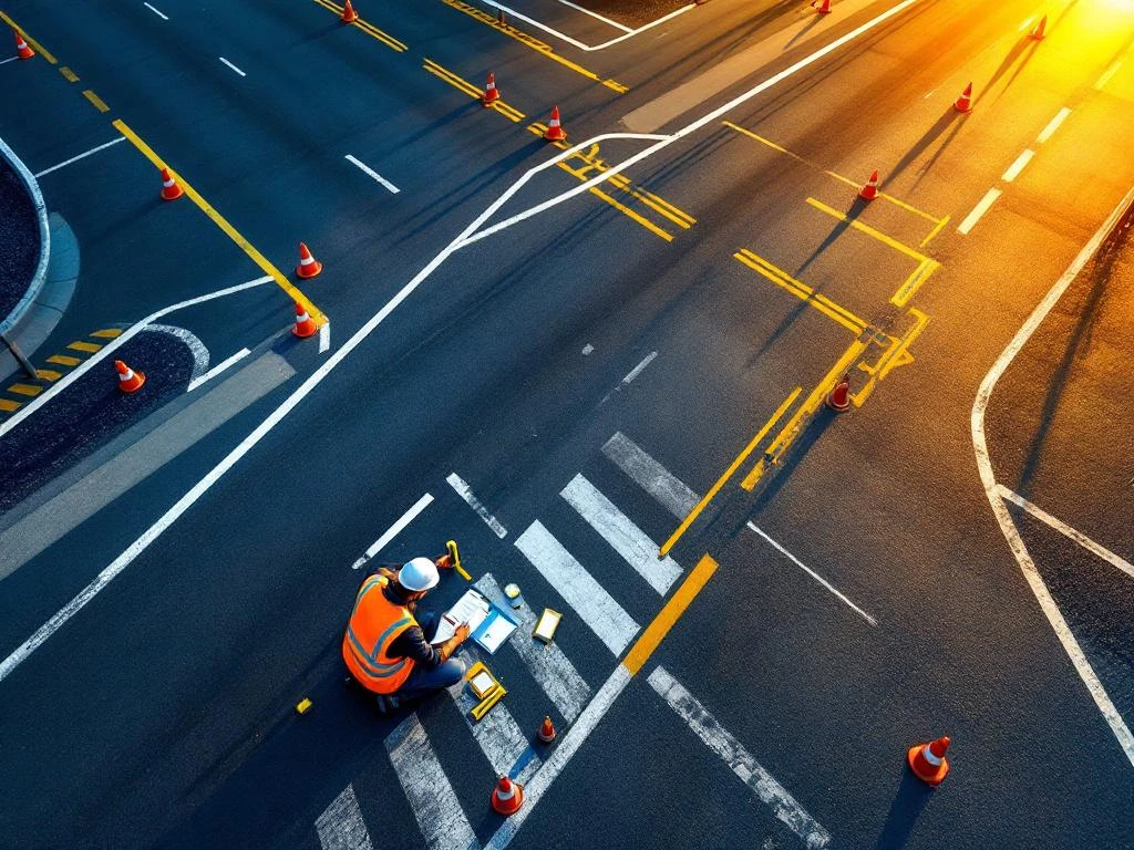 Weginspecteur in veiligheidsvest onderzoekt wegdek kwaliteit met meetapparatuur bij moderne snelwegkruising met oranje kegels