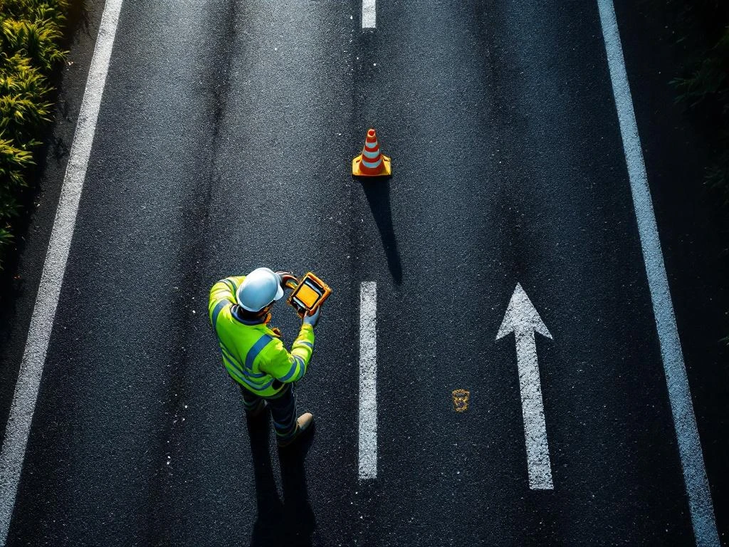 Weginspecteur in veiligheidsvest onderzoekt asfaltweg met meetapparatuur vanuit luchtperspectief