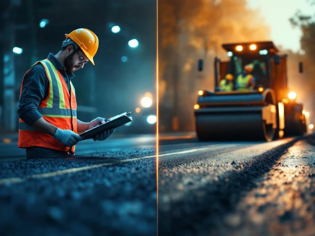 Weginspecteur in veiligheidsvest controleert asfalt naast wegenbouwers die machines bedienen voor wegconstructie
