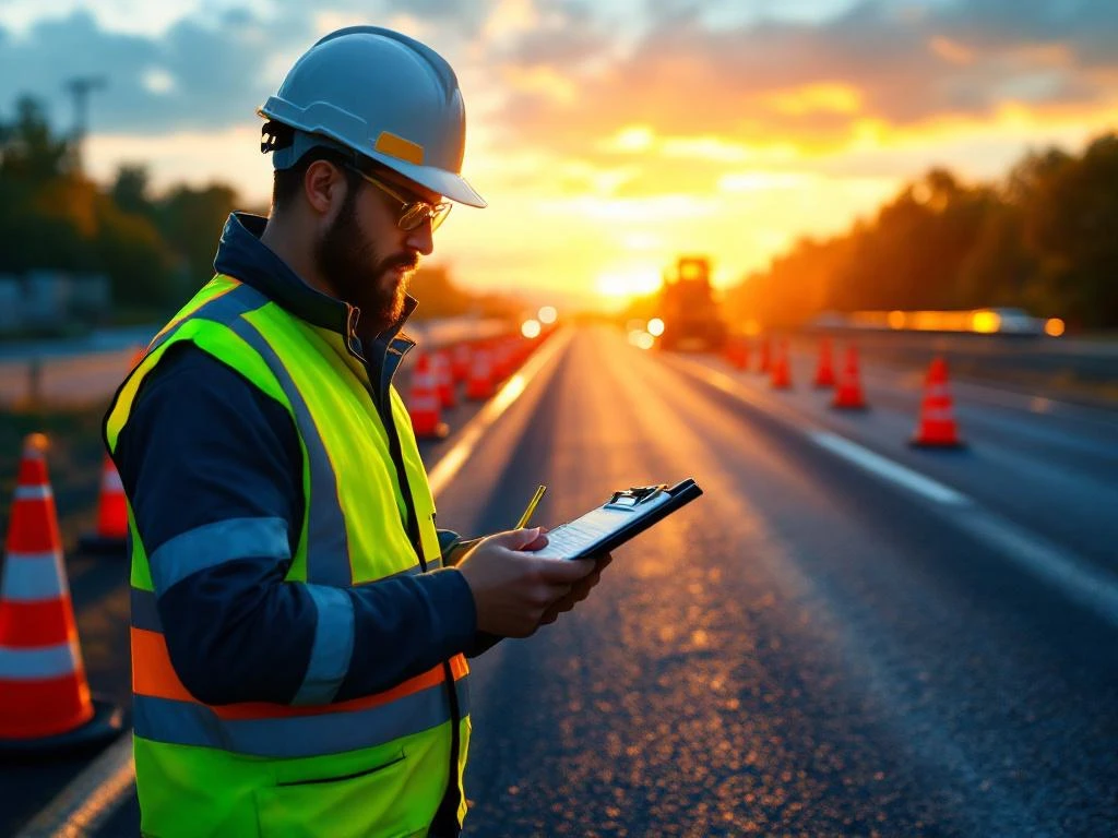 Weginspecteur in veiligheidsvest controleert asfalt kwaliteit met meetinstrumenten op vers aangelegde snelweg