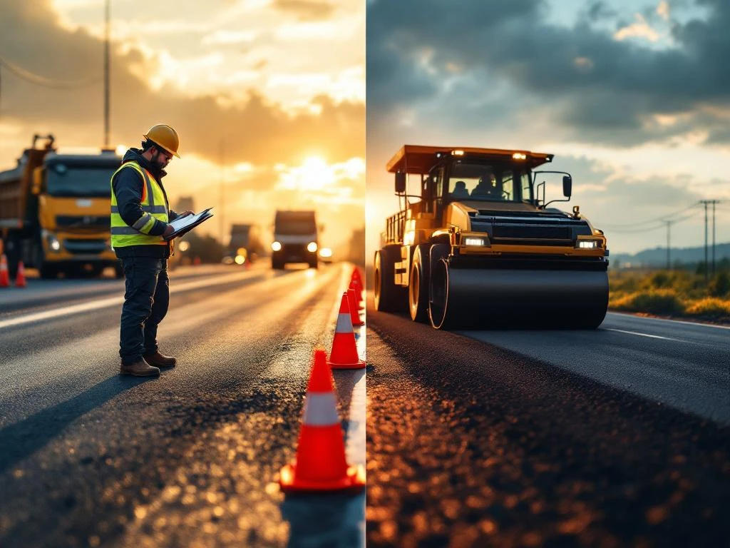 Wegwerker inspecteert asfalt met meetapparatuur naast asfaltmachine die hete wegbedekking aanbrengt tijdens wegenbouw