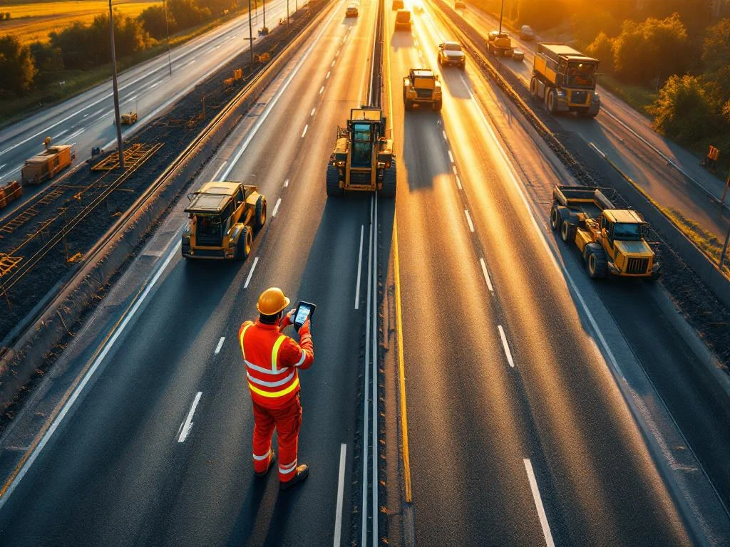 Weginspecteur in oranje veiligheidspak controleert asfalt met digitale apparatuur op moderne snelwegbouwplaats bij zonsondergang