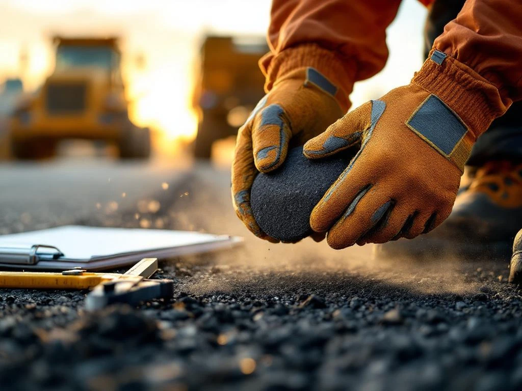 Verweerde handen in oranje veiligheidshandschoenen houden asfaltmonster vast tijdens weginspectie met bouwvoertuigen op achtergrond