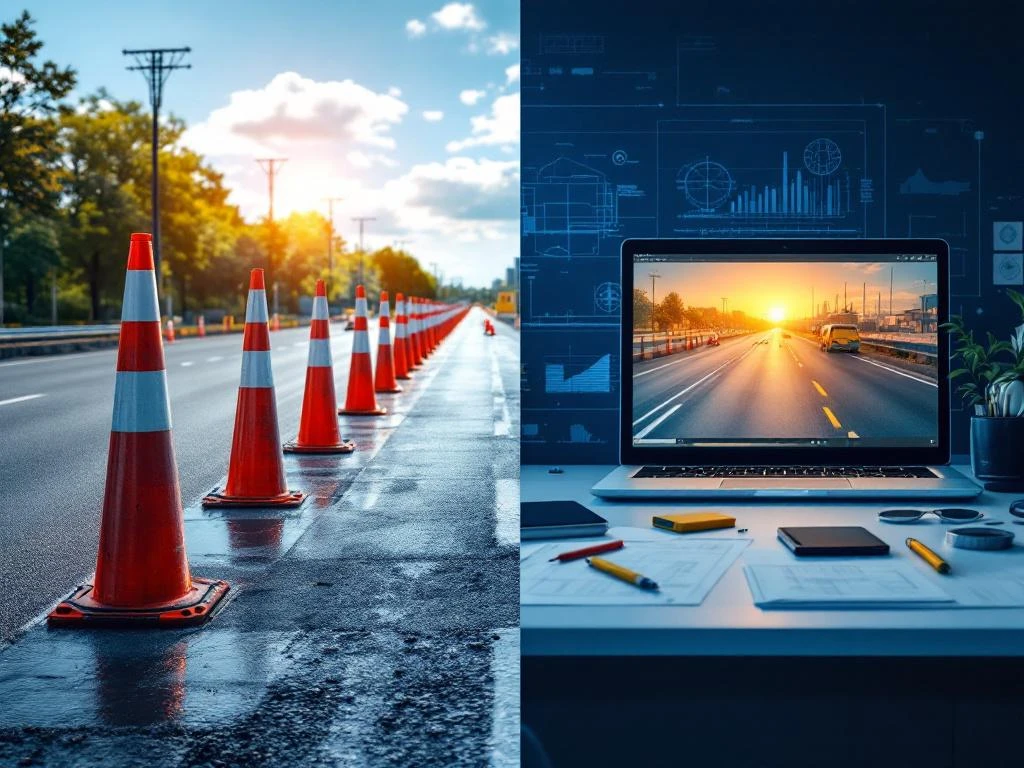 Gesplitst beeld van wegenbouwwerkzaamheden met veiligheidskegels en asfalt naast kantooromgeving met blauwdrukken