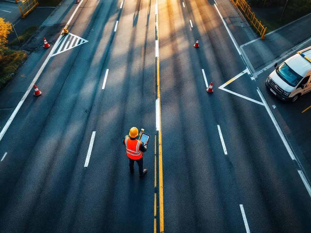 Weginspecteur in veiligheidsvest met tablet bij moderne snelwegkruising tijdens gouden uur, met meetapparatuur