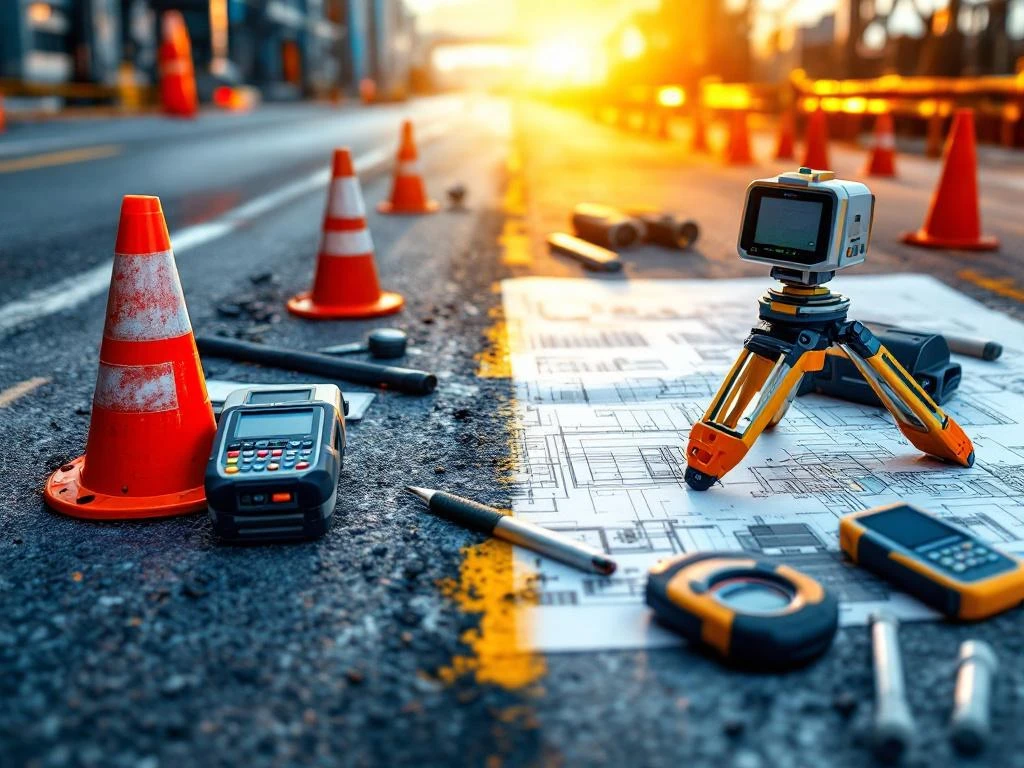 Wegconstructie met digitale meetapparatuur en veiligheidskegels naast traditionele technische tekeningen