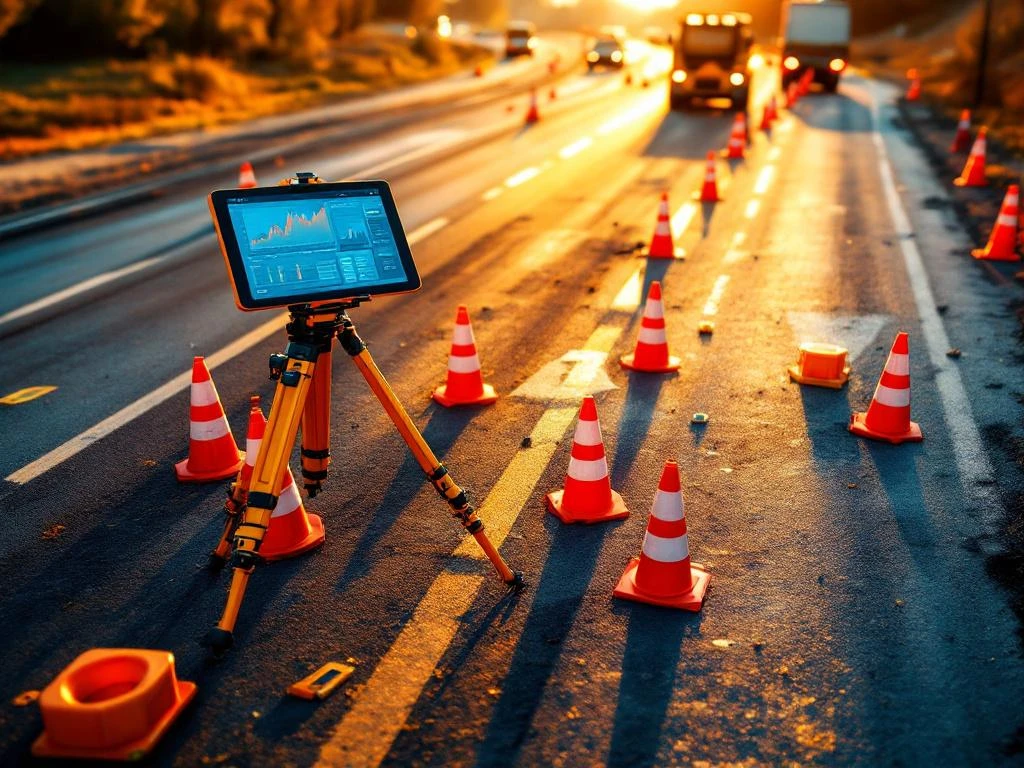 Luchtfoto van Nederlandse wegenbouwplaats met tablet met inspectiedata op statief, verkeerskegels en meetapparatuur op asfalt