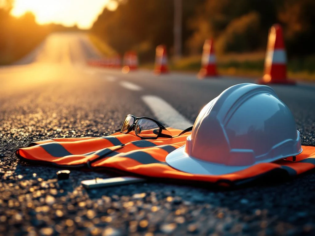 Weginspecteur veiligheidsuitrusting op asfalt: oranje hesje, helm, bril en meetgereedschap bij snelweg met pylonen