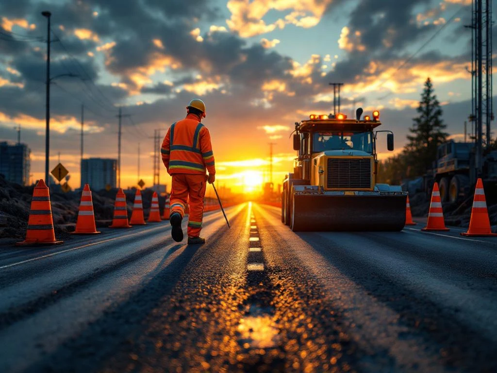 Wegenbouwarbeider in oranje veiligheidspak bedient moderne wegenbouwmachines op vers asfalt tijdens gouden uur
