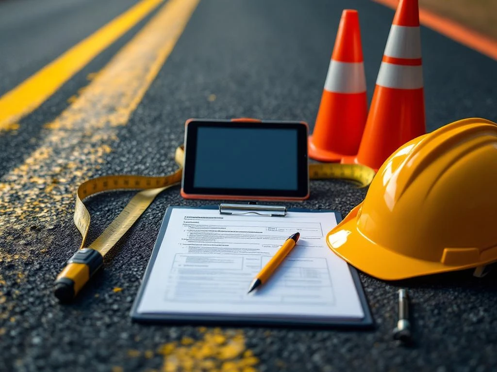 Weginspecteur uitrusting op asfalt: klembord met formulieren, meetlint, oranje kegels, helm en tablet op wegdek