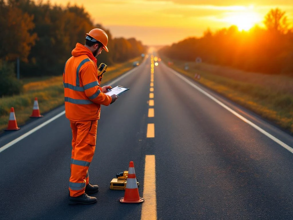 Weginspecteur in oranje veiligheidspak controleert asfalt met meetapparatuur op Nederlandse snelweg bij zonsondergang